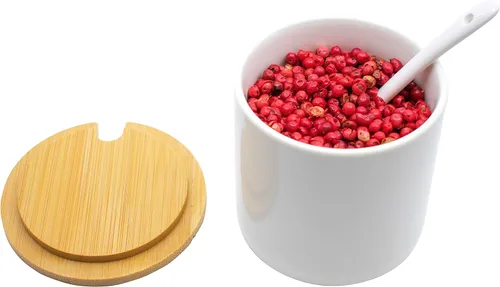 Vista 5 de Juego de 3 tarros de cerámica para condimentos en diferentes tamaños con cucharas y tapas de bambú y bandeja (blanco)