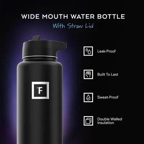 Vista 2 de IRON °FLASK Frasco de Hidratación para Acampar y Senderismo con Pajita, Botella de Agua Deportiva de Acero Inoxidable Aislada de Boca Ancha - 40 oz