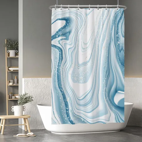 Vista 39 de Baocicco Cortina de ducha de mármol azul abstracto a rayas, decorativa, textura de lujo, línea moderna, decoración de acuarela, juego de cortinas