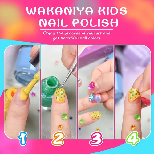 Vista 4 de wakaniya Kit de esmalte de uñas para niños, no tóxico, secado rápido, despegable, mini esmalte de uñas para niños pequeños con calcomanías de gemas
