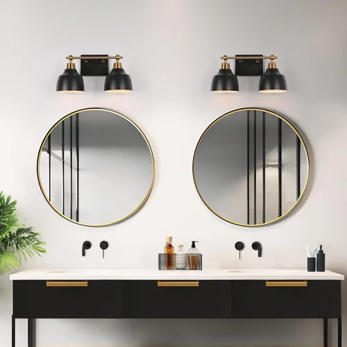 Vista 4 de classy leaves Lámparas de baño, 2 luces de tocador de granja para baño con pantalla de metal negro y enchufe dorado, modernas lámparas de tocador