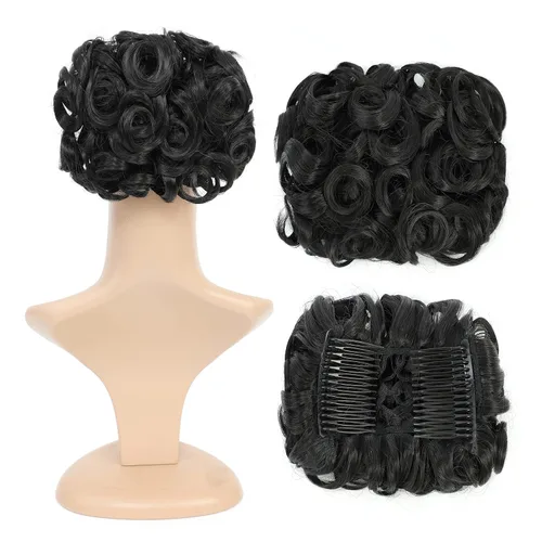 Vista 26 de SWACC Extensión de moño de cabello rizado corto y desordenado, fácil de estirar, peines para el cabello, extensión de cola de caballo con clip