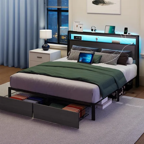 Vista 7 de SADENICEL Base de cama Queen con cabecera de almacenamiento y 2 cajones, marco de cama de plataforma de metal con luz LED, estación de carga,