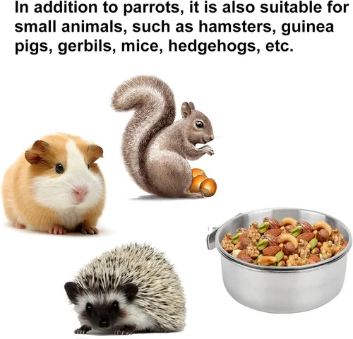 Vista 5 de Paquete de 3 vasos de alimentación de pájaros con soporte de abrazadera, de acero inoxidable, para cacatúas, periquitos, guacamayos, pinzones