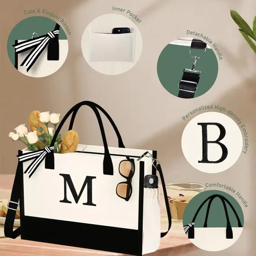 Vista 5 de Bolsa de Lona con Inicial - Bolsas de Compras Reutilizables, Canasta de Regalos de Cumpleaños para Damas de Honor, Amigas y Maestras for