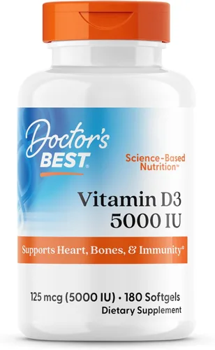 Doctor's Best Vitamina D3 5000UI, sin OGM, sin gluten y soja, regula la función inmunitaria, favorece huesos saludables, blanco, sin sabor, 180