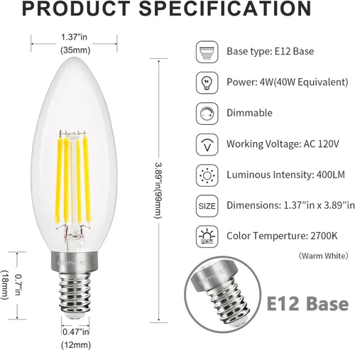 Vista 7 de comzler Bombilla LED E12 para candelabro regulable, bombilla de lámpara de araña 2700K blanco cálido, equivalente a 40W, bombillas tipo B