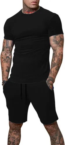 Vista 3 de Uni Clau Conjunto corto de 2 piezas para hombre, conjunto de camisa y pantalones cortos de verano a la moda