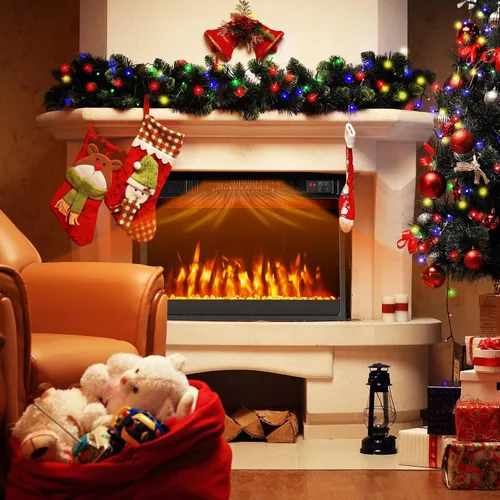 Vista 2 de Tangkula Chimenea eléctrica de 23 pulgadas, inserto de chimenea de 5,000 BTU con control remoto, piedras de cristal, color de llama ajustable