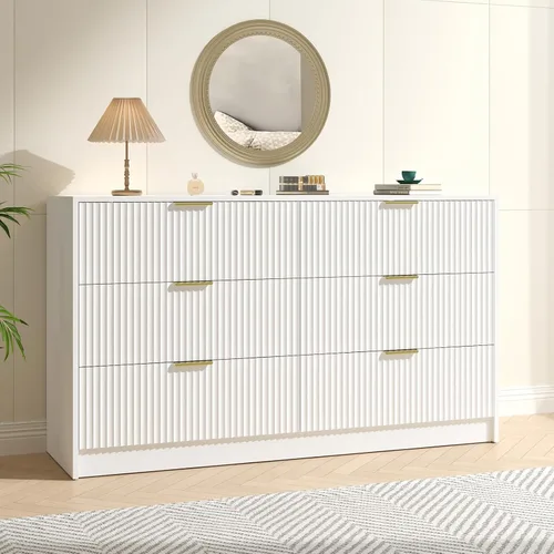 Vista 13 de Cómoda negra con 6 cajones profundos, cómoda acanalada de 55" de ancho para dormitorio con tirador dorado, cómoda moderna para armario, dormitorio