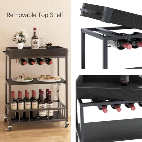 Vista 8 de Carro de servicio para bar con soporte para vino de 3 niveles, carrito móvil para el hogar, con ruedas, carrito de cocina industrial