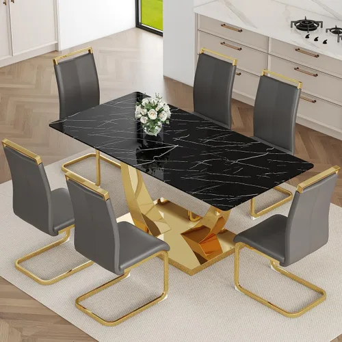 Vista 31 de Juego de Mesa de Comedor Negra para 6, Mesa de Comedor de Mármol Falso de 71" para 6, Juego de Mesa de Cocina Rectangular con Sillas de Cuero PU