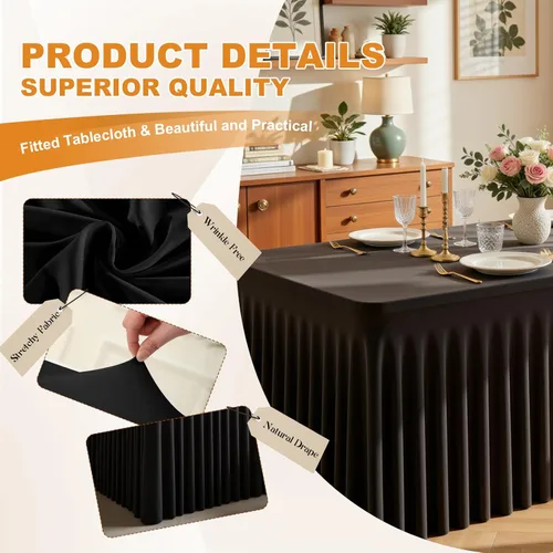 Vista 3 de Mantel rectangular de elastano negro, funda elástica ajustada para mesas rectangulares de 1,8 m, falda de mesa elástica sin arrugas para decoración