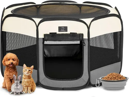 Vista 10 de Corralito para perros pequeños y cachorros, 29.92 pulgadas, portátil, para interiores y exteriores, con cuenco, suelo impermeable, plegable