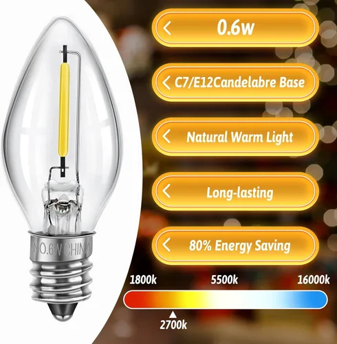 Vista 6 de Meonum Paquete de 1 cable de accesorios de luces de pueblo navideño con 12 bombillas LED, luces LED C7 de 21.3 pies con doble fusible e interruptor