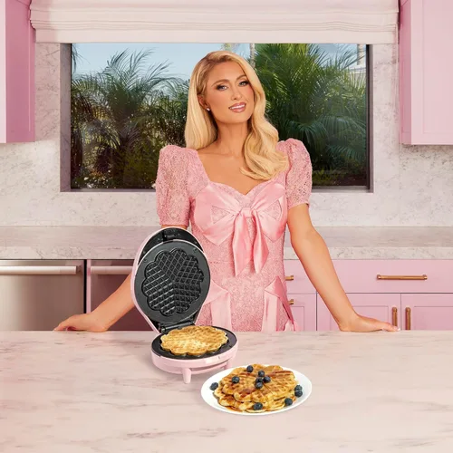 Vista 2 de Paris Hilton Máquina para hacer waffles de corazón, hace 5 mini waffles en forma de corazón o 1 waffle individual, placas antiadherentes fáciles