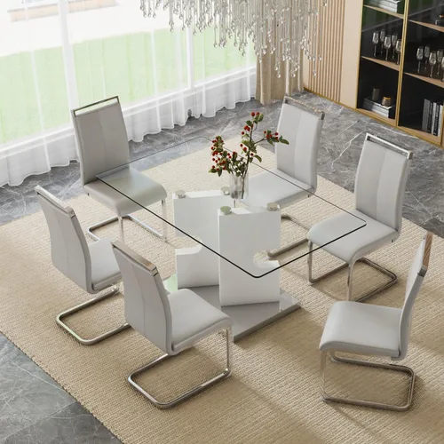Vista 24 de Juego de mesa de comedor de cristal para 4,5 piezas, tablero de mesa de vidrio templado y base de MDF de diseño moderno con 4 sillas de comedor