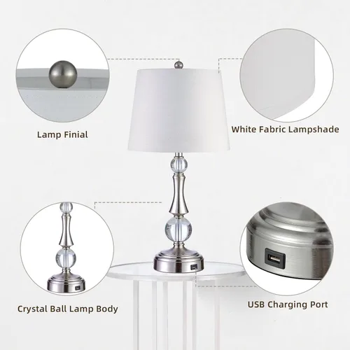 Vista 6 de Juego de 2 lámparas de mesa modernas de cristal con control táctil, lámpara de mesita de noche regulable de 3 vías con puerto USB, lámpara