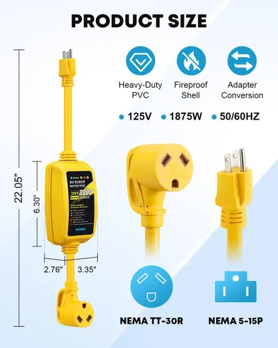 Vista 4 de Kohree Adaptador RV de 30 amperios a 110 voltios con protector de sobretensiones de 8000 julios, NEMA 5-15P a NEMA TT-30R 30 Amp a 15 Amp RV Cable