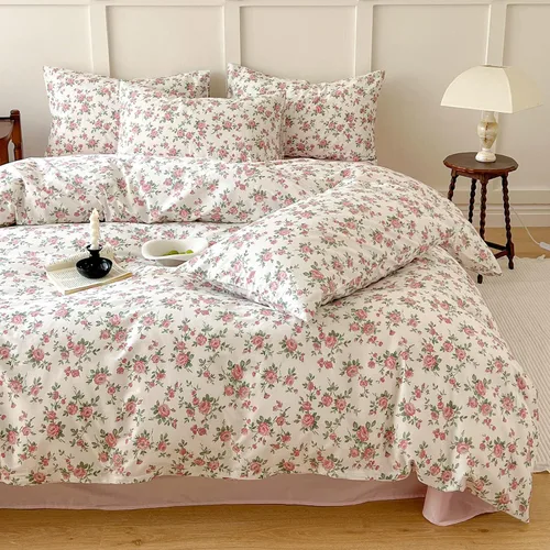 Vista 4 de EAVD Funda de edredón floral rosa estilo jardín, tamaño individual, blanco, suave, 100% algodón, para niñas, bonito juego de ropa de cama floral