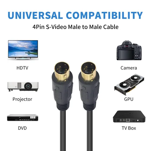 Vista 5 de Cable S-Video Mini DIN de 4 pines S Cable de vídeo macho a macho chapado en oro para videocámaras de jugadores, computadoras portátiles