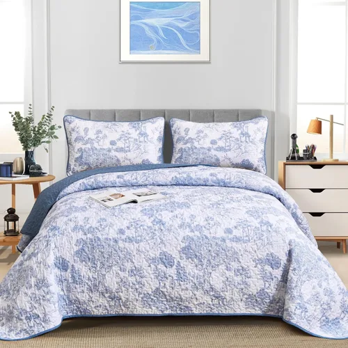 Vista 2 de WONGS BEDDING Juego de edredón azul tamaño individual, juego de 2 piezas de colchas botánicas de microfibra ligera con patrón de plantas de toile