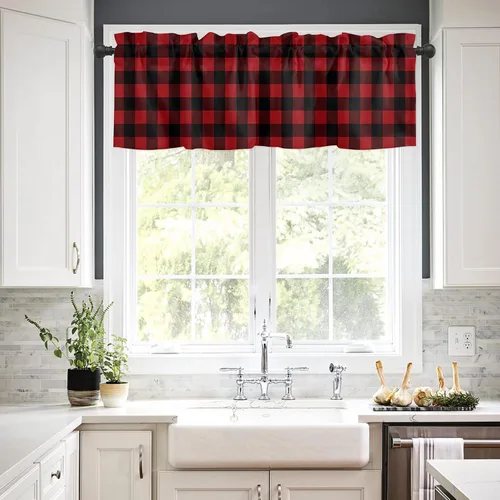 Vista 109 de Cenefa de cortina con lazo rojo de Navidad para ventanas, sala de estar, cocina, baño, granja, bolas de Navidad de acuarela con diseño de bayas