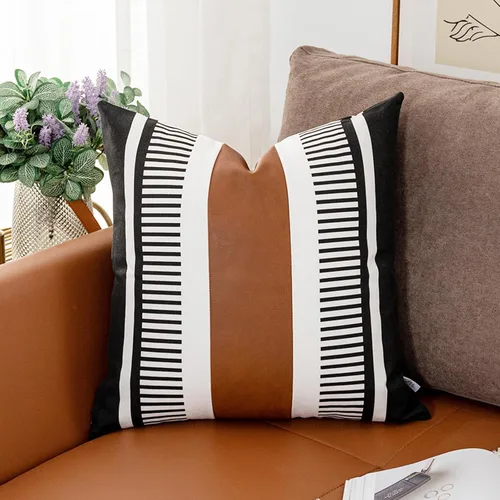 Vista 26 de Fundas de almohada lumbar a rayas bohemias de 12 x 20 pulgadas, funda de almohada de cuero moderna para sofá, decoración del hogar rural, color Negro