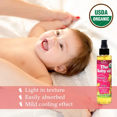 Vista 3 de US Organic Aceite de bebé con caléndula, coco caribeño suave, certificado orgánico por USDA, aceite de jojoba y oliva con vitamina E, sin alcohol