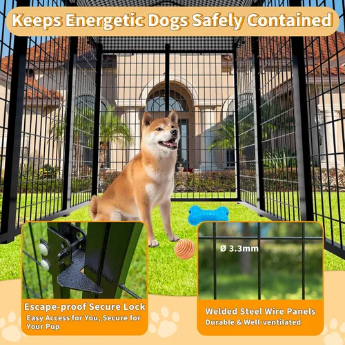 Vista 4 de Perrera grande para perros con techo, recinto resistente para perros para interiores y exteriores con funda extraíble, corralitos para perros