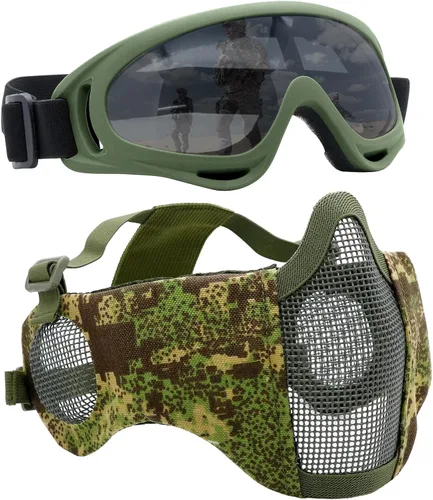 Vista 31 de Máscara de Airsoft con Gafas, Máscara de Malla Plegable de Media Cara con Protección para los Oídos para Paintball, Tiro, Cosplay, Juego CS