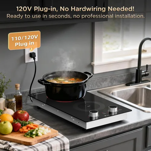 Vista 6 de Placa eléctrica de 2 quemadores de 110 V, quemador eléctrico enchufable, encimera y estufa integrada con control de perilla, 9 niveles de potencia