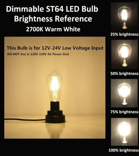 Vista 4 de Bombilla LED de bajo voltaje CC 12V/24V 6W, estilo Edison ST21 (ST64), forma antigua, atenuador PWM DC de 12 V, base común E26, luz blanca cálida