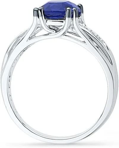 Vista 3 de D-GOLD Anillo de plata de ley con zafiro azul y diamantes redondos blancos
