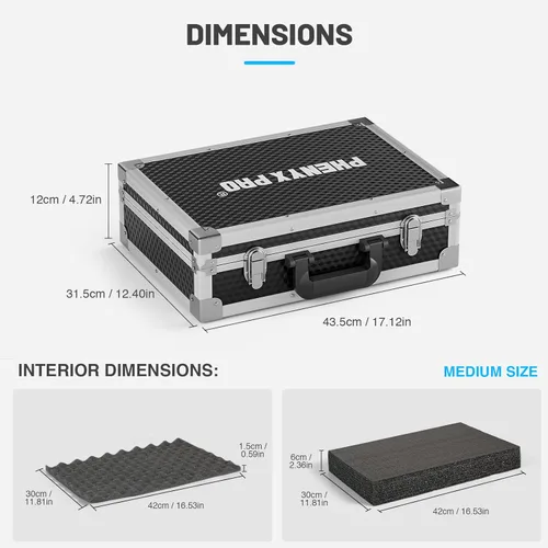Vista 6 de Phenyx Pro Estuche de transporte de tamaño mediano, espuma precortada personalizable, construcción robusta de aleación de aluminio, adecuado