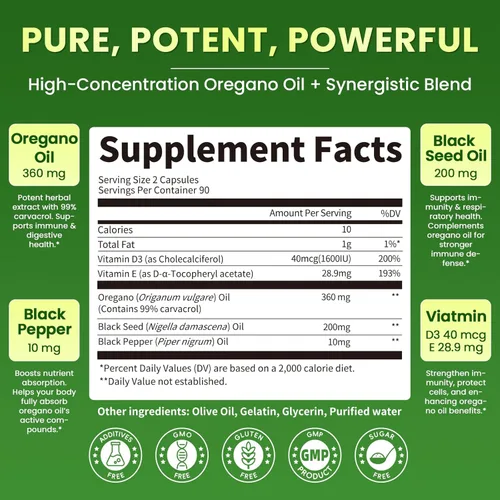 Vista 2 de Cápsulas de aceite de orégano orgánico con aceite de semilla negra, Carvacrol 99% ultraconcentrado, 5 en 1 con vitamina D3 E pimienta negra, inmune