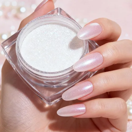 Vista 5 de Polvo de uñas de cromo perla blanca, polvo iridiscente Aurora cromado efecto espejo metálico, polvo de inmersión de sirena perlado decoración