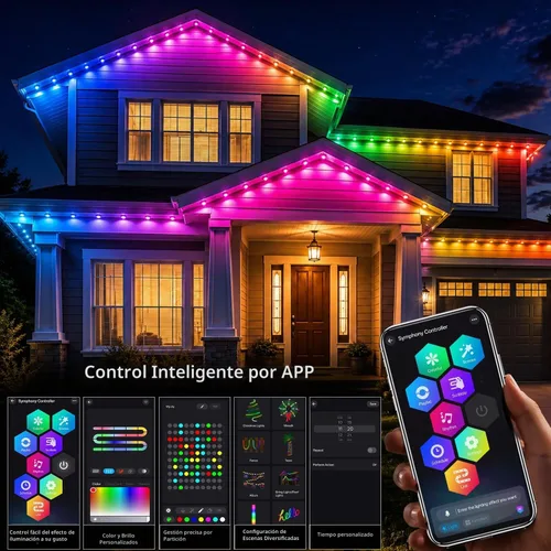Vista 6 de Luces permanentes para exteriores para casa de 50 pies RGB+IC luces de alero inteligente, IP67 impermeables, luces LED para exteriores