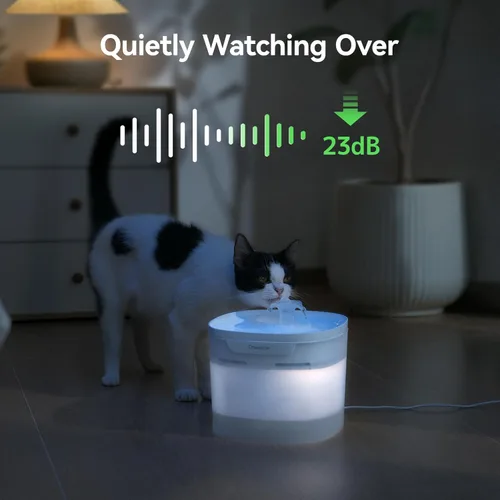 Vista 6 de Fuente de agua para gatos sin bomba Cheerble, fuente automática para mascotas de 2 litros/67 oz, fuente de gato Elfin E1 Lite para beber, tecnología
