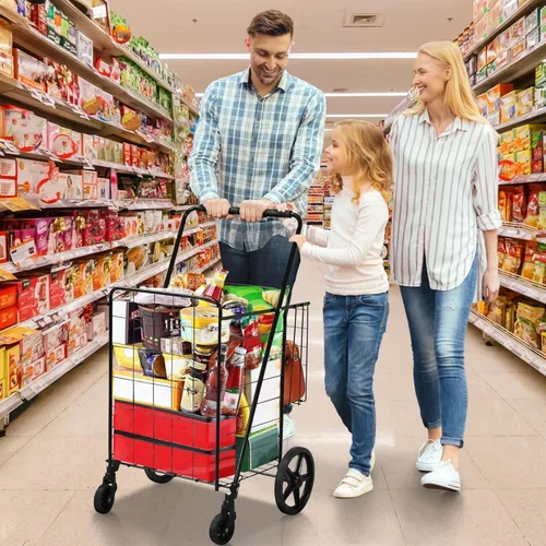 Vista 2 de YITAHOME Carrito de compras plegable con ruedas, carrito de comestibles rodante plegable con cesta trasera versátil, carrito utilitario plegable