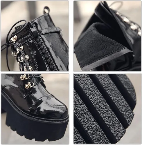 Vista 3 de CYNLLIO Botines de plataforma para mujer, botas de tacón grueso de cuña para combate, góticas, con cordones y cremallera, zapatos punk, con cadena