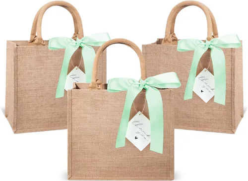 Vista 23 de Paquete de 6 bolsas de arpillera con asas reutilizables pequeñas bolsas de regalo de yute con cintas de seda moradas, forro impermeable para boda