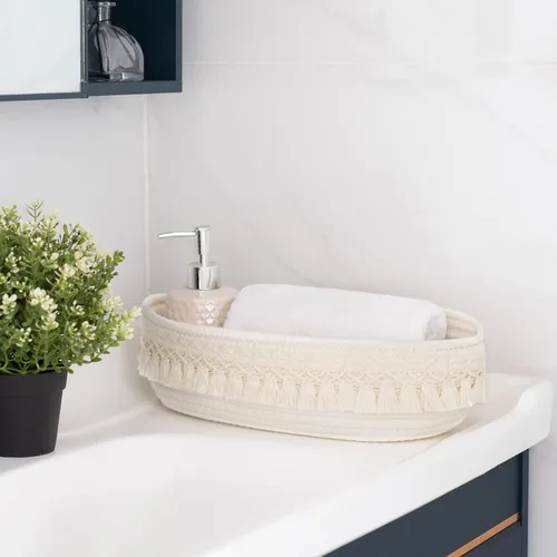 Vista 3 de Dahey Cesta tejida de macramé para almacenamiento de inodoro y 1 paquete de decoración de pared de baño de granja para baño, cuarto de servicio