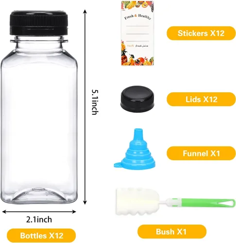 Vista 2 de Moretoes 12 botellas de plástico para jugo de 8 onzas con tapas, botellas de agua reutilizables vacías transparentes, recipientes desechables