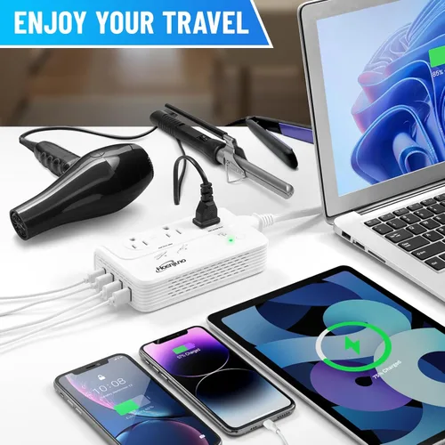 Vista 7 de Convertidor de voltaje de 2000 W para secador de pelo, convertidor de 220 V a 110 V para rizador, alisador con 3 salidas de CA y 4 puertos USB