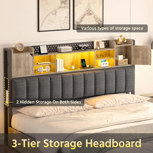 Vista 9 de Base de cama LED Queen con cabecera de estantería y 4 cajones de almacenamiento, marco de cama Queen tapizado con estación de carga USB y tipo C