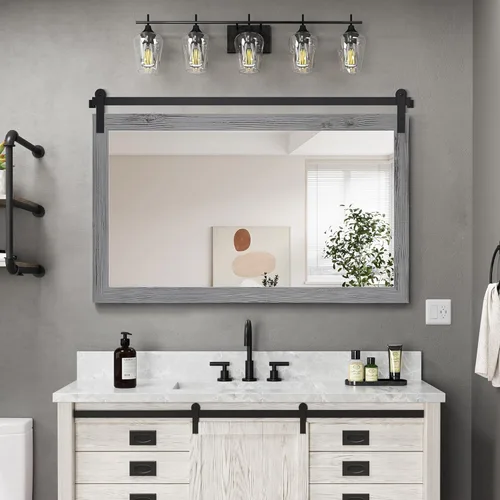 Vista 45 de COGOOD Espejo de puerta de granero de granja, 25 x 18 pulgadas, espejo decrativo con marco de madera rústica para baño, sala de estar, decoración