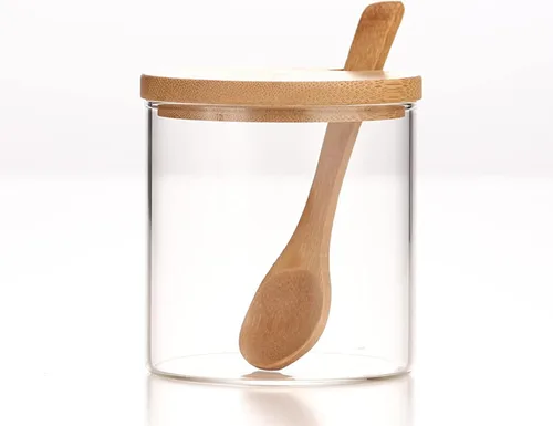 Tarro de vidrio transparente de 10.1 fl oz/10 onzas con tapa de bambú y cuchara de madera, lindo recipiente de almacenamiento de sal de baño,