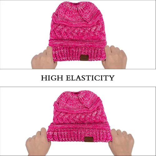 Vista 5 de Rosoz 1&2 Packs Ponytail Beanie for Women,Winter Warm Beanie Tail Soft Stretch Cable Knit Messy High Bun Hat