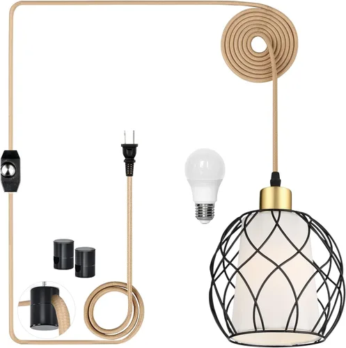 Vista 8 de Ruzectt - Lámpara colgante con enchufe, lámpara dorada con interruptor regulable, cable de algodón dorado de 15 pies, lámpara colgante para cocina